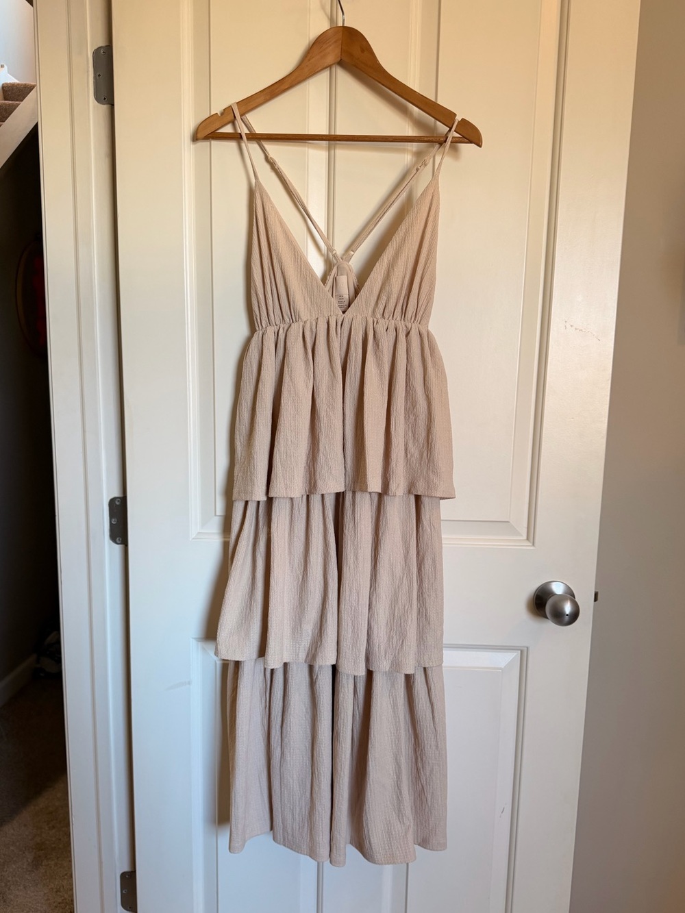 H&M Tiered Spaghetti-Strap Midaxi Dress in Beige